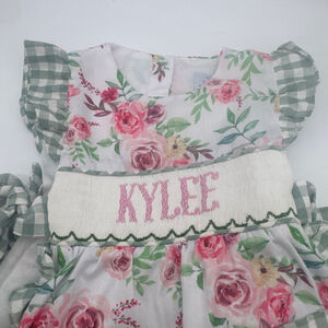 KYLEE Monogrammed Sweet La Rose Apron Bloomer Set 2T White Green Floral Gingham